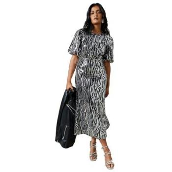 Occasion Black Zebra Sequin Midi Dress with Puff Sleeves