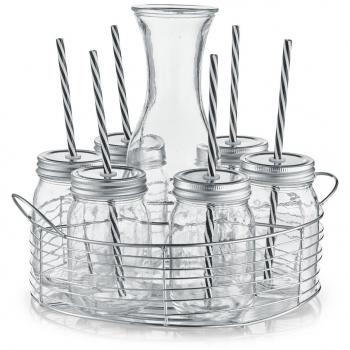 Zeller Karaffe 8‑teiliges Glas‑ und Metallset – Deckel, Strohhalme, Korb