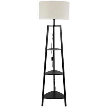 Hiru Black 3-Tier Floor Lamp with White Linen Drum Shade