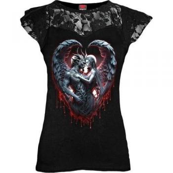 Spiral Direct Solemn Vow Damen‑Tee mit Spitzendetail und Flügelarm in XL Schwarz