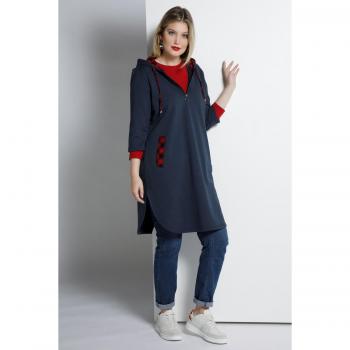 Tunica in felpa con cappuccio e maniche a 3/4, Donna, Blu, Taglia 52/54, Cotone/Poliestere