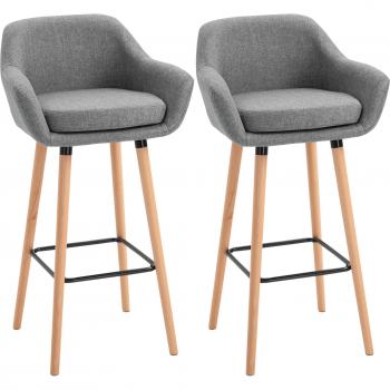 HOMCOM Set of 2 Modern Bar Stools, Upholstered Seat with Metal Frame, Solid Wood Legs, Grey