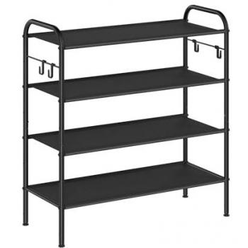 Ink Black Fabric Shoe Rack with 4 Hooks, 4 Tier (28 x 68 x 70 cm)