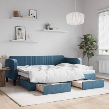 Lit de jour velours bleu 80x200 cm avec gigogne et tiroirs