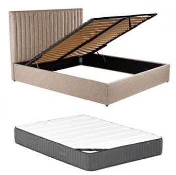 Letto Contenitore 160x200 cm, Testa in Tessuto Tortora con Cuciture a Spina di Pesce – Materasso Sarah