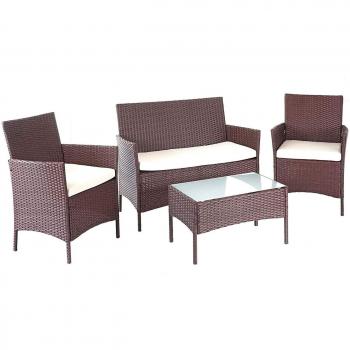 Mobile Esterno Polyrattan Marrone con Panche, Poltrone e Tavolo – Eleganza Crema