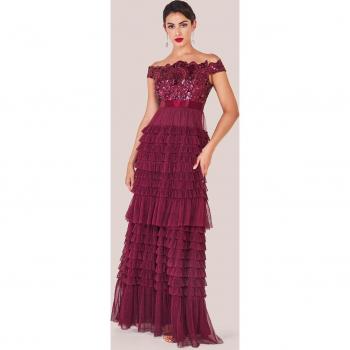 Scallop Bardot Ruffle Mesh Maxi