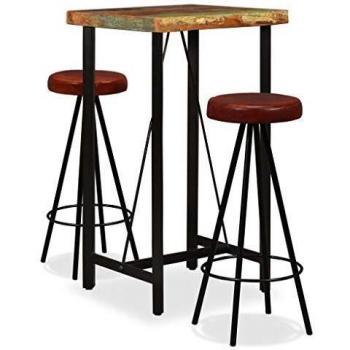 VidaXL Set Bar 3 Pezzi in Legno Rinnovato e Pelle Naturale