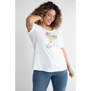 Embellished Round Neck Tee for Plus Size Women, Tropical Cocktail, White, Size 16/18, Cotton