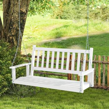 Banc de jardin suspendu 2 places, bois massif – 136×67×63 cm, suspension réglable 170 cm, dossier en lattes, finition blanche