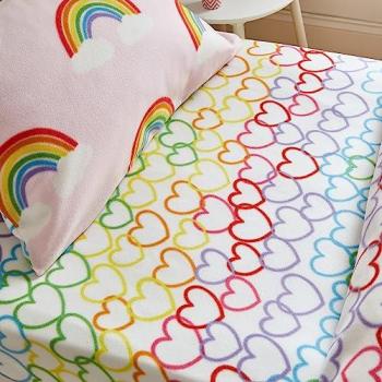 Catherine Lansfield Rainbow Hearts Cosy Fleece Fitted Sheet Pink Double