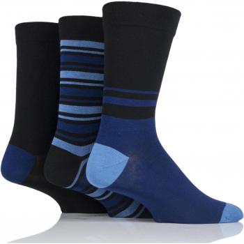 Comfort Cuff Gentle Bamboo Stripe Socks – 3 Pack for Men (Black/Blue, 12‑14)