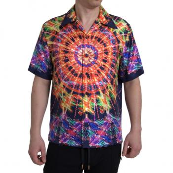 Dolce & Gabbana Multicolor Luminarie Print Silk Short Sleeve Button-Down Casual Shirt