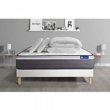 Pack Dormir Matelas ACTIMEMO Plus 160x200 Mémoire de Forme 7zones Confort + sommier KIT Blanc + 2 oreillers + Couette