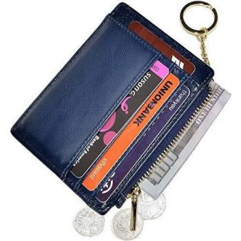 Ehsbuy Slim Credit Card Holder Wallet RFID Blocking Leather Zipper Coin Purse Keychain Wallet for Women & Men (Oil Dark Blue)