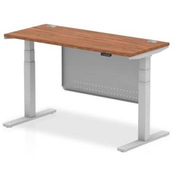 Air Modesty 1400 x 600mm Height Adjustable Office Desk with Oak Top, Cable Ports, Silver Legs, and Silver Steel Modesty Panel