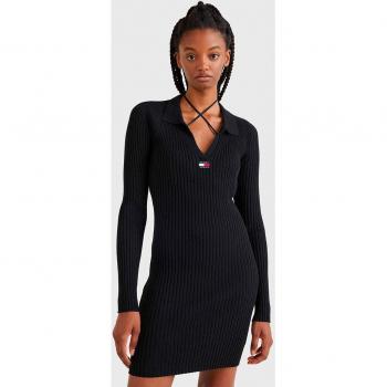 Tommy Jeans Zwarte Lange Mouwen Jurk met Col