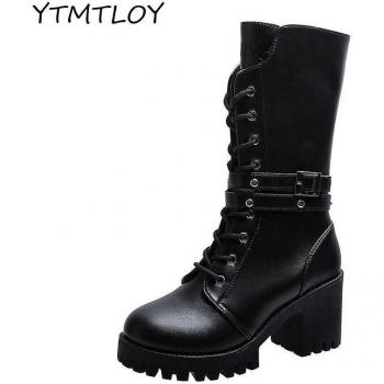 Botas de mujer de piel sintética, tacón cuadrado, color negro, talla 41, media pantorrilla, primavera y otoño