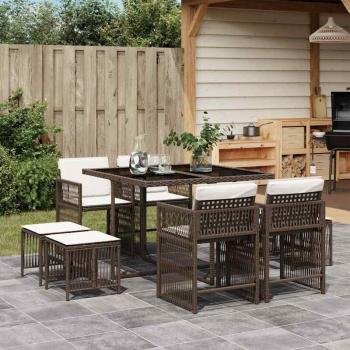 Set tavolo da giardino AVIMAC 9 pezzi con cuscini marroni in polyrattan