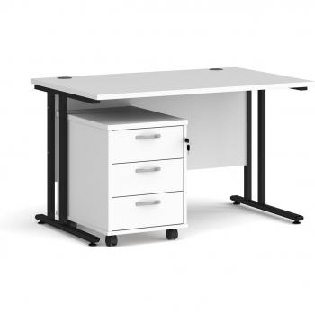 Maestro 25 Straight Desk Black Frame White Table Top and 3 Drawer Pedestal