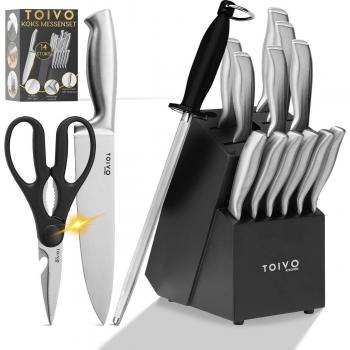 Ensemble haute performance Toivo 14 pièces – avec affûtage, ciseaux et support à couteaux – finition argent