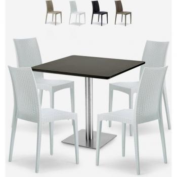 Set chaises bar rotin blanc et table noir 90x90 – 5 éléments