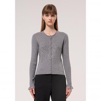Cardigan Ajustado com Ribs e Brilhos de Strass