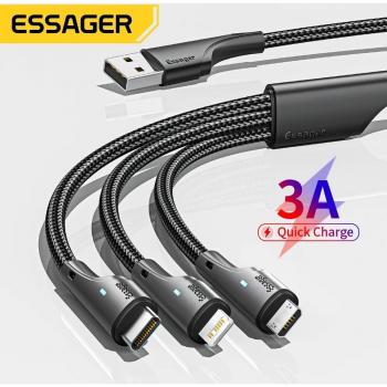 Cavo USB Tipo C 3 in 1 Essager con Micro USB per iPhone 14 13 12 X Pro Max Samsung Xiaomi Cavo Dati 1.2m Nero