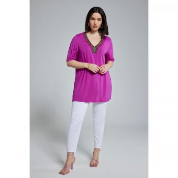 Pink Plus Size Bead Embellished V-Neck Top for Women, Size 16/18, Viscose
