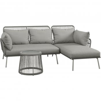 Suite d’été Aussunny – Salon de jardin à coins 4 places, style colonial, table basse et coussins inclus, gris en résine tressée