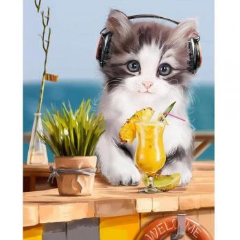 Pittura a Diamante Gatto che Ascolta Musica