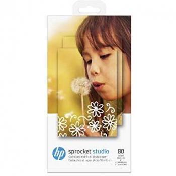 HP 4KK83A Sprocket Studio Photo Paper Confezione che Contiene Due Cartucce, a Nastro e 80 Fogli di Carta, con Finitura Lucida, nel Formato 10 x 15 cm, Bianca