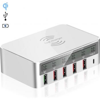 Cargador Qi DAM con 4 salidas USB y pantalla informativa
