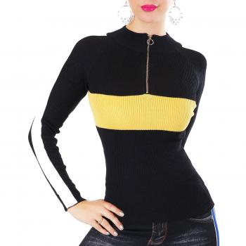J&H Fashion Rippstrick-Pullover mit Stehkragen und Reißverschluss – Sporty-Streifen (S/M)