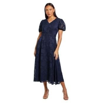 Size 14 Navy Floral Jacquard Midi Dress, Puff Sleeves
