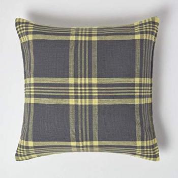 Grey Tartan Pattern Cushion Cover with Yellow Accents by Homescapes (60 x 60 cm)