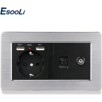 Esooli EU Wall Socket Panel with 2 USB Ports and Telephone Connector