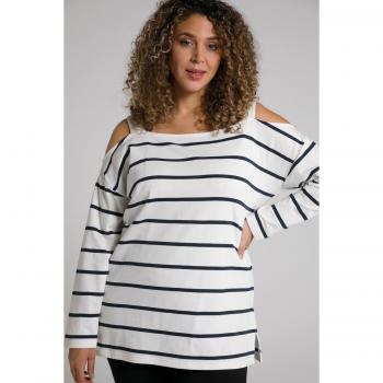 Plus Size Striped Cold Shoulder Sweatshirt, Beige, Women, Size 24/26, Cotton/Polyester/Viscose