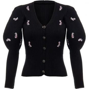 Women's Slim Fit Black Sequined Cardigan