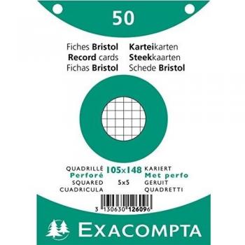 Paquet de 50 fiches bristol quadrillé 5x5 perforées sous film blanc