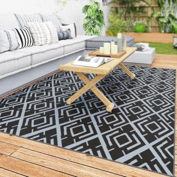 Outsunny Tapis extérieur double face 1,8 × 2,7 m – motif diamant – polypropylène anti intempéries – sac de transport – noir/gris