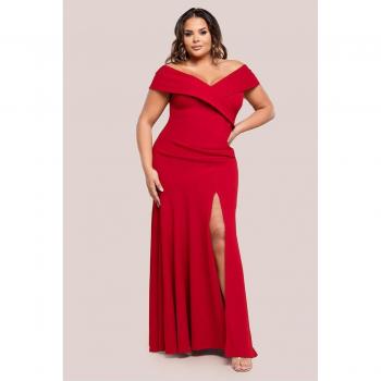 Off-Shoulder Scuba Crepe Maxi Dress, Front Split – Red by Goddiva Plus