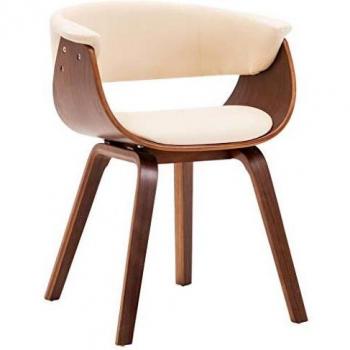 Cream Dining Chair with Curved Wood and Faux Leather