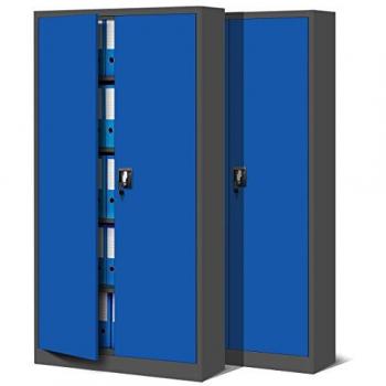 Bureau armoire duo métal, 4 niveaux, 185×90×40 cm, Anthracite & Bleu