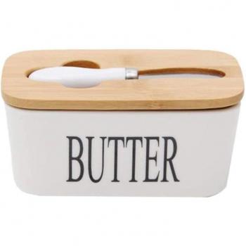 White Ceramic Butter Dish with Wooden Lid