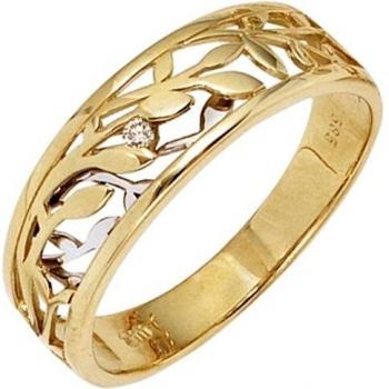 Damen Ring 58: 585 Gold Gelbgold & Weißgold Bicolor, 1 Diamant (Brillant,