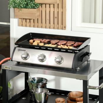 Black Portable Gas BBQ Grill with 3 Burners and Non-Stick Griddle