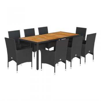 VidaXL Set Pranzo da Giardino 9 pezzi con cuscini in polyrattan nero acacia