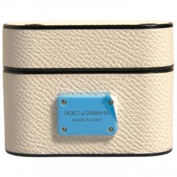 D&G Signature White Leather AirPods Case with Metal Badge