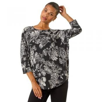 Chemise à manches puff noire, imprimé floral stretch